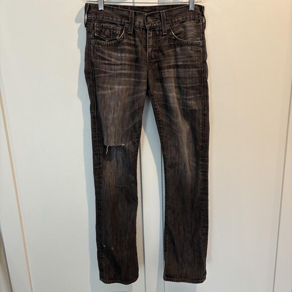 True Religion Jeans Men 30x34 Black Ricky Distressed Flap Pockets Selvedge USA - Picture 6 of 16